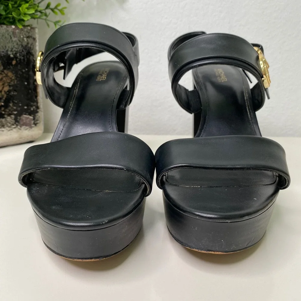 Michael Kors Carmen Black Leather Platform Sandals Heels Block Heel Logo Size 10